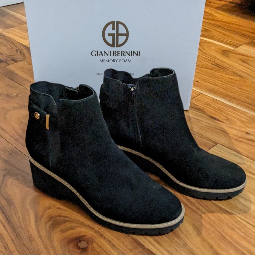 Giani Bernini Black Suede Ankle Booties with Gold Accent